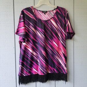 Notations Top Womens 1X Black Pink Purple Fringe Hem Plus Size Pullover